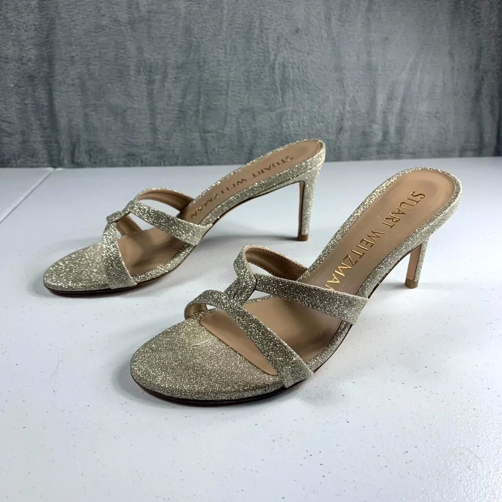 Stuart Weitzman Soiree Sleek 75 4503730159 Slide Womens 6 Platino Glitter Sandal